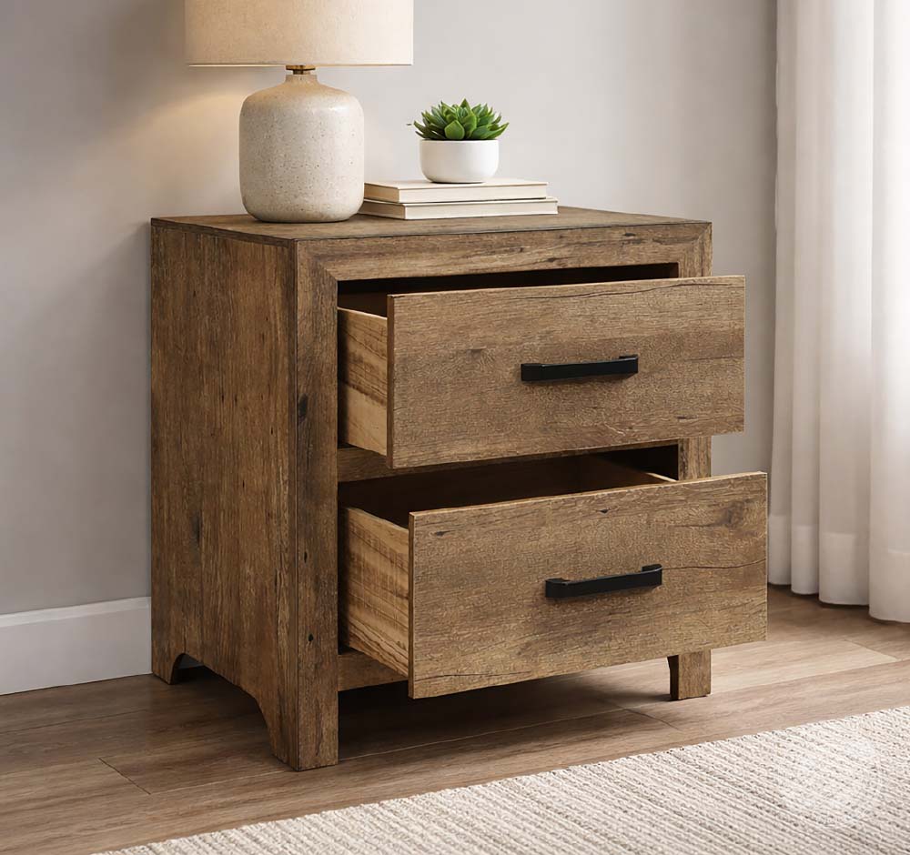 Mesa de noche Spirit estilo rústico con 2 gavetas acabado madera — vista adicional 3